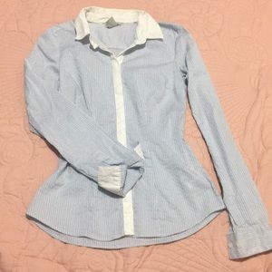 Light blue and white pinstripe button down blouse